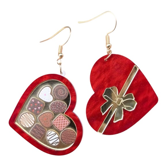 Valentines Day Box of Chocolate Womens Earrings Acrylic Jewelry Women’s Gift Her - Picture 2 of 5